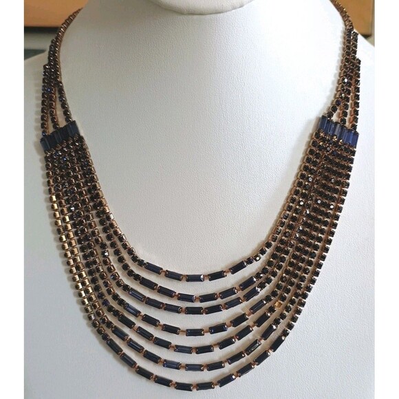 Cara NY Blue Rhinestone Gold Tone Bib Necklace - Picture 1 of 8